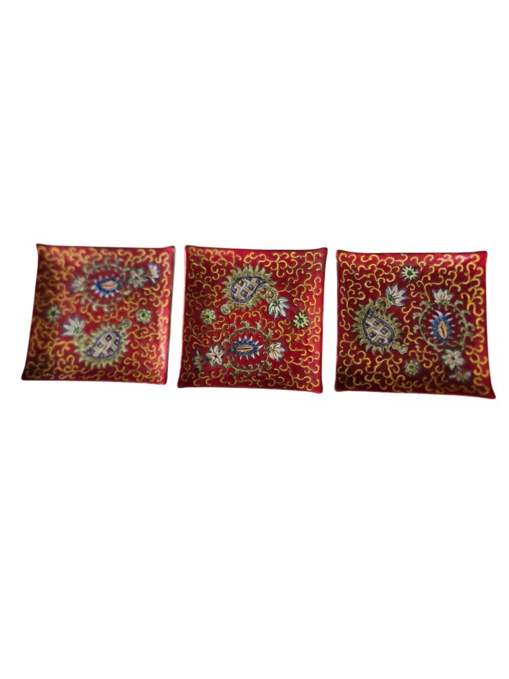 Karolina Lehman Hand Painted Square Trinket Dish 3 Lot Multicolor Floral Paisley